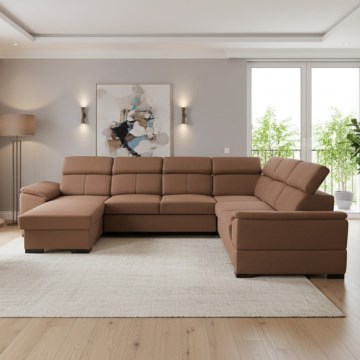 Rozkładany narożnik z uniwersalnym narożnikiem w układzie U i pojemnikiem na pościel GRANADA, brązowy