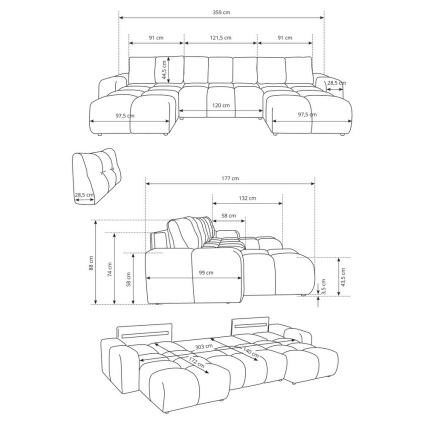 Rozkładany tapicerowany narożnik w kształcie U z pojemnikiem ALMADA beżowy