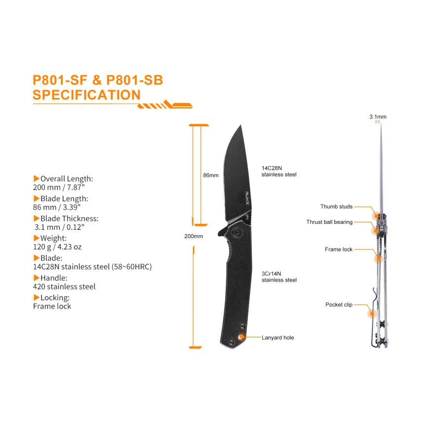 Ruike RUP801SB - Nóż składany kieszonkowy 20 cm szary