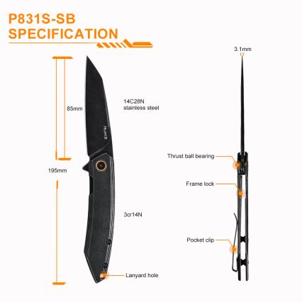 Ruike RUP831SSB - Nóż składany kompaktowy 19,5 cm czarny