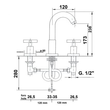 Sapho - Bateria umywalkowa 3-otworowa AXIA 23,8 cm chrom błyszczący