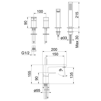 Sapho - Bateria wannowa 4-otworowa TURSI czarny mat