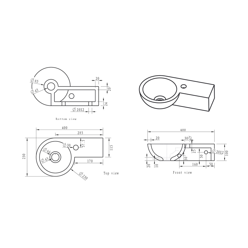 Sapho - Narożna wisząca umywalka BLOK 40x23 cm prawa/antracyt