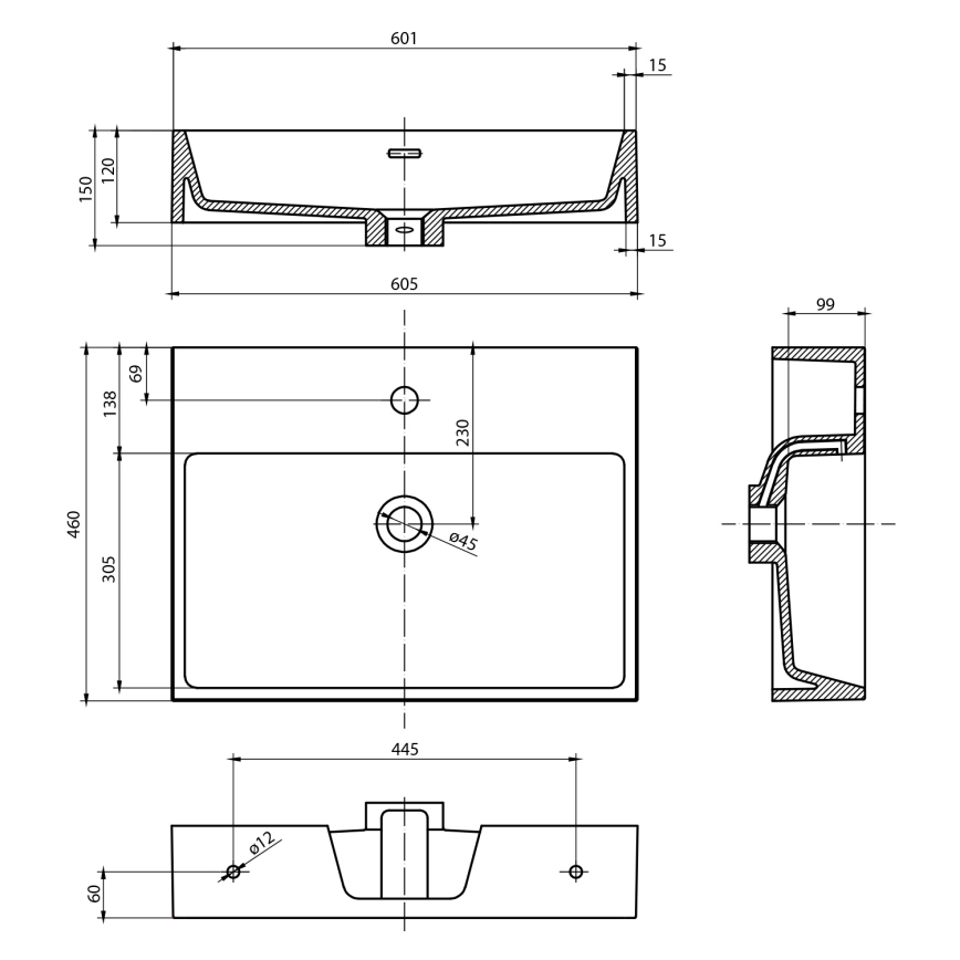 Sapho - Umywalka wisząca AQUATIC 60 x 46 cm, ceramika/biała