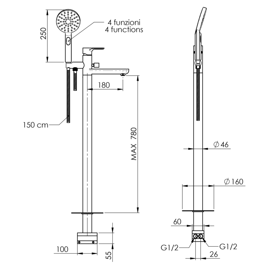 Sapho - Zestaw wannowy z baterią PAX, chrom błyszczący