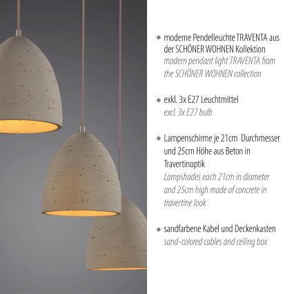 Schöner Wohnen 12541-42 - Lampa wisząca TRAVENTA na lince 3xE27/40W/230V, betonowa