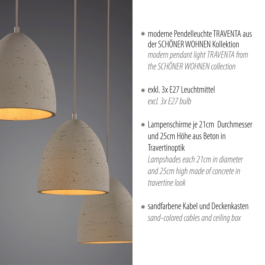 Schöner Wohnen 12541-42 - Lampa wisząca TRAVENTA na lince 3xE27/40W/230V, betonowa