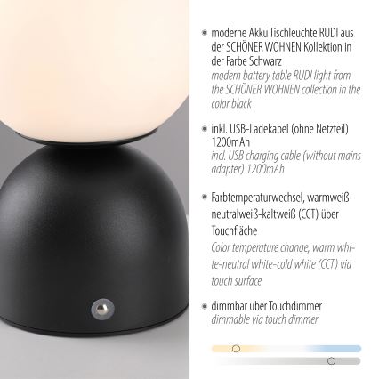 Schöner Wohnen 19218-18 - LED dotykowo ściemniana ładowalna lampa biurkowa RUDI LED/1,2W/5V 3000-6000K 1200 mAh czarna