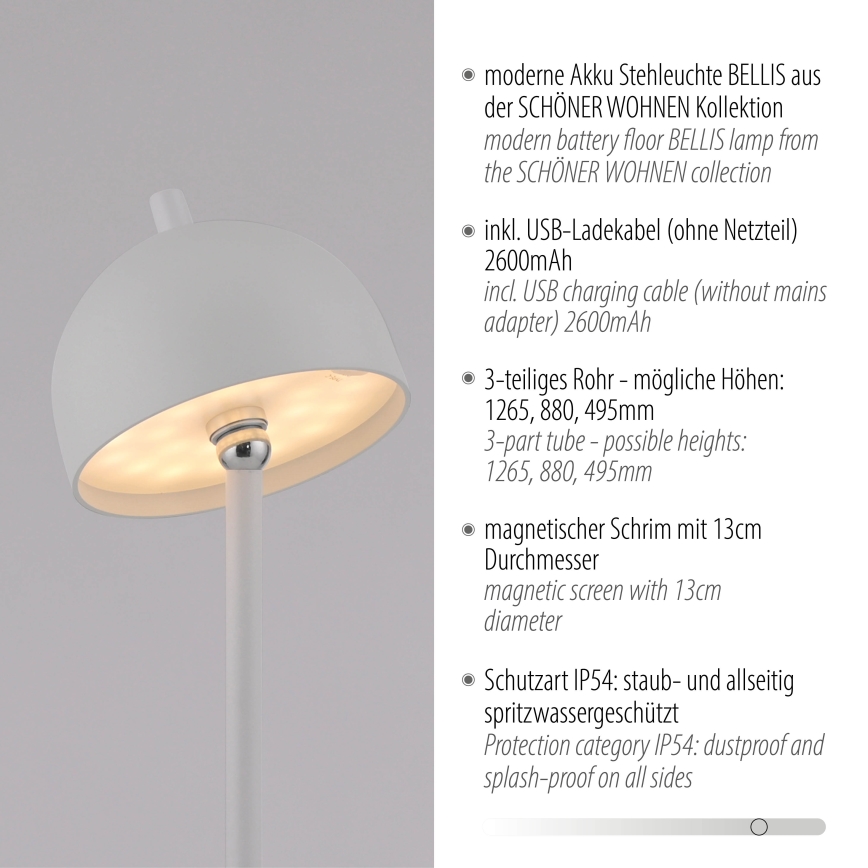 Schöner Wohnen 19245-16 - LED ściemnialna dotykowa ładowalna lampa stojąca zewnętrzna BELLIS LED/2,5W/5V 2600 mAh IP54 biała