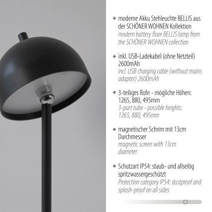 Schöner Wohnen 19245-18 - LED, ściemniana, dotykowa, ładowalna zewnętrzna lampa stojąca BELLIS LED/2,5W/5V 2600 mAh IP54 czarna