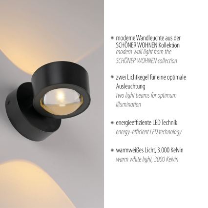 Schöner Wohnen 19331-18 - Kinkiet LED CHIA 2xLED/2W/230V czarny