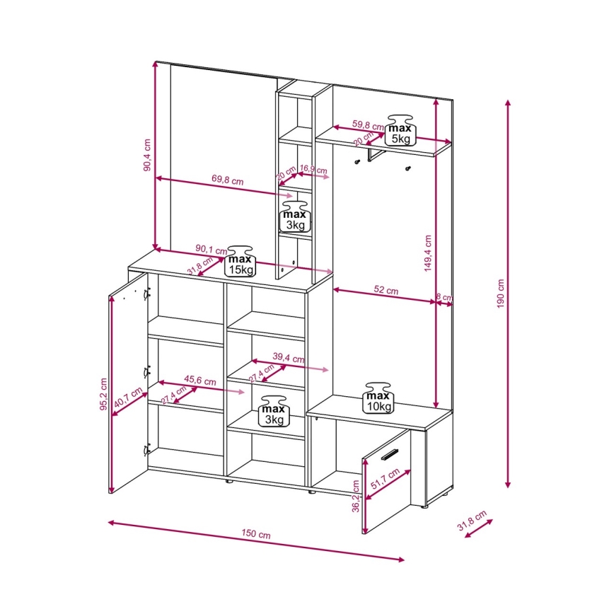 Ściana do przedpokoju z lustrem KEVIN brązowa/biała