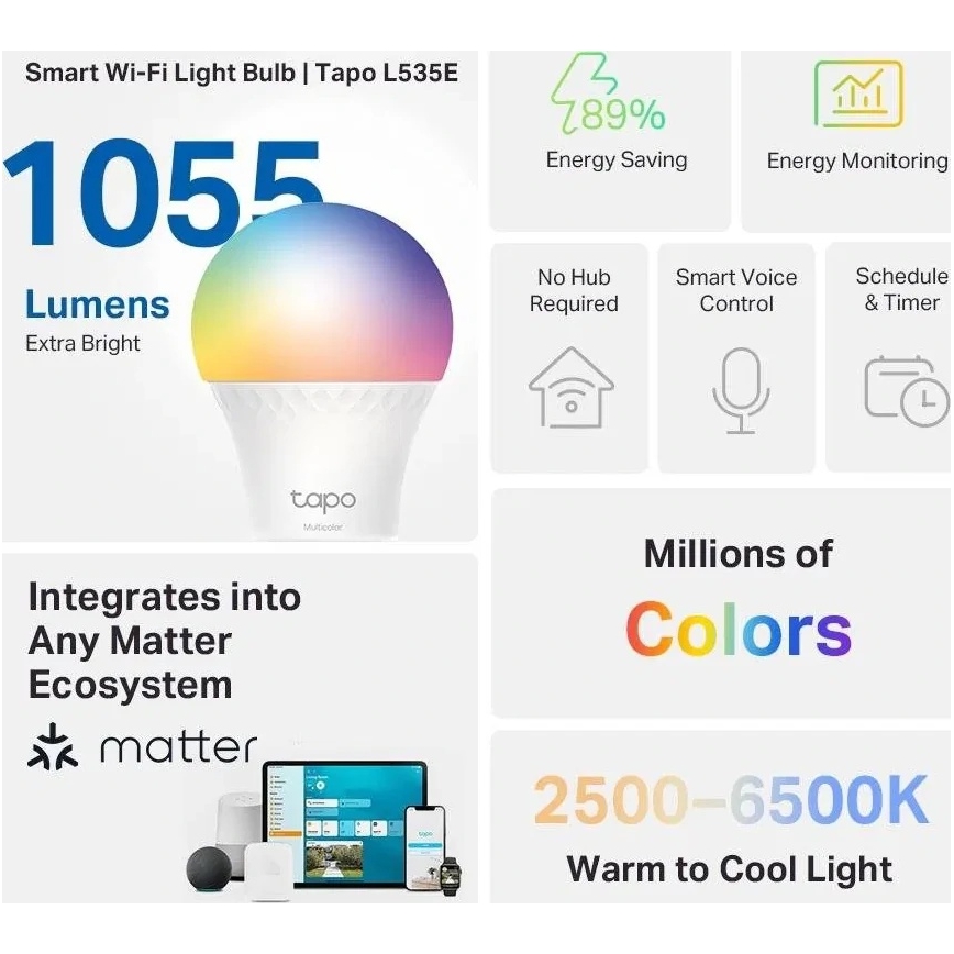 LED RGBW Ściemniana żarówka MATTER A60 E27/8,6W/230V 2500-6500K Wi-Fi - TP-Link