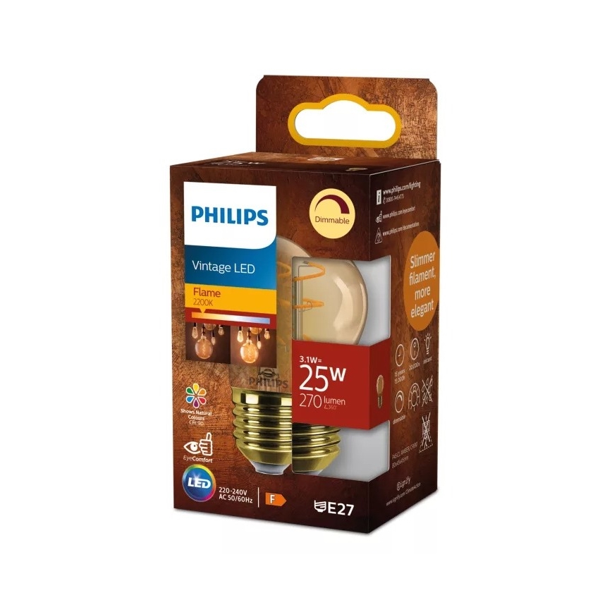 Ściemnialna żarówka LED VINTAGE Philips P45 E27/3,1W/230V 2200K CRI 90