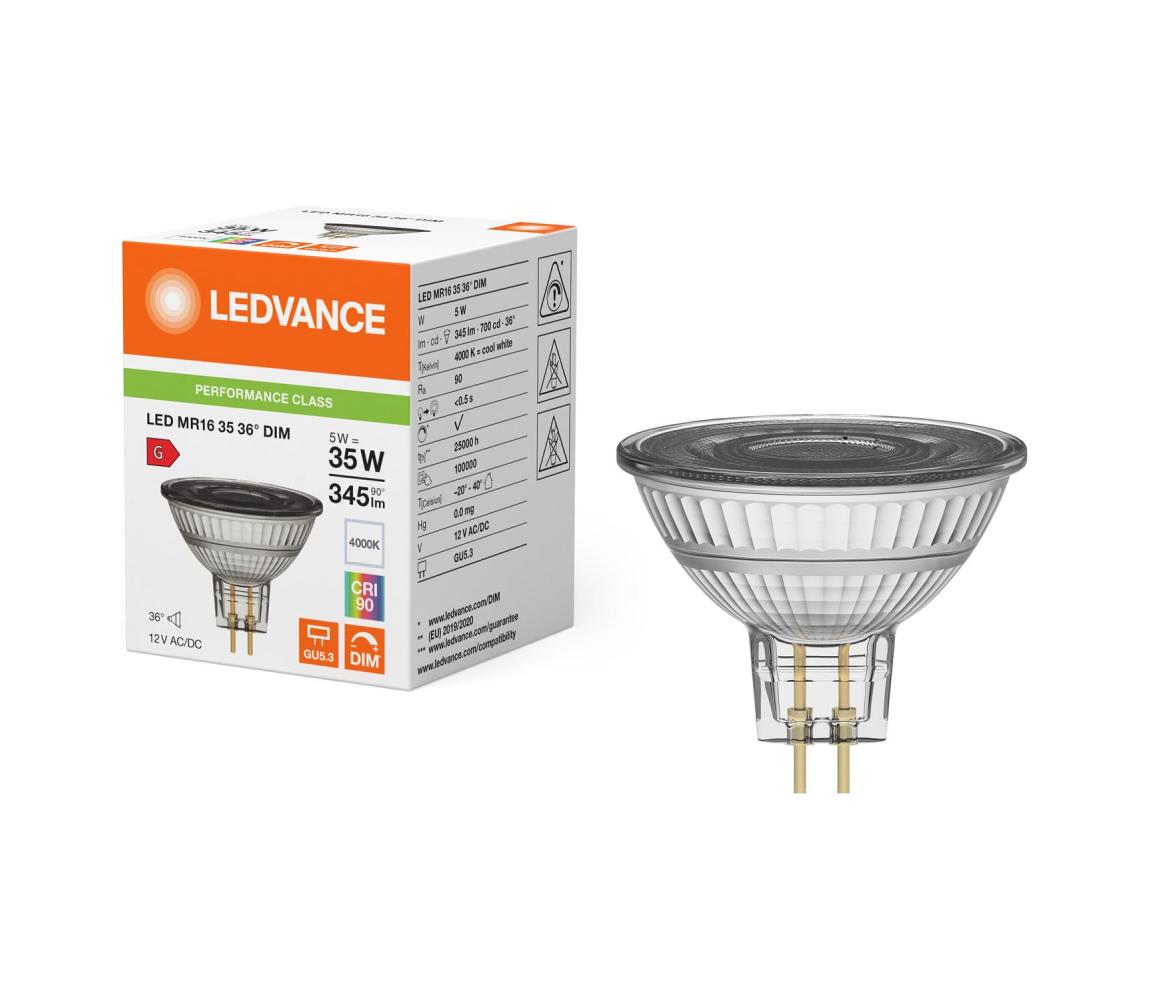 Ściemnialna żarówka reflektorowa LED MR16 GU5,3/5W/12V 4000K 36° CRI 90 - Ledvance