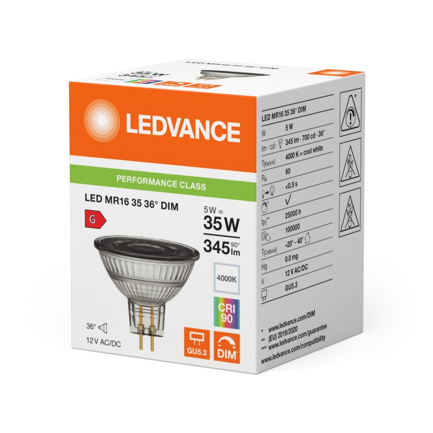 LED ściemnialna żarówka reflektorowa MR16 GU5,3/5W/12V 4000K 36° CRI 90 - Ledvance