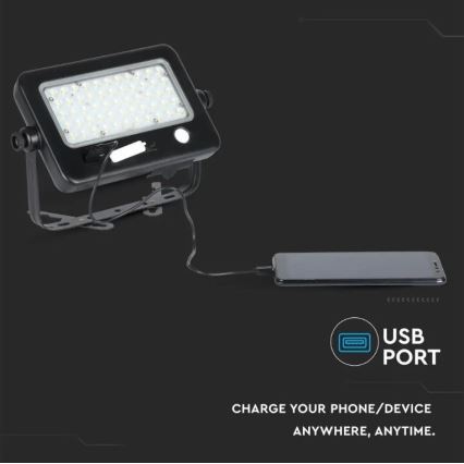 Ściemnialny solarny reflektor LED z czujnikiem LED/10W/3,7V 4000K IP65 7200 mAh + port USB