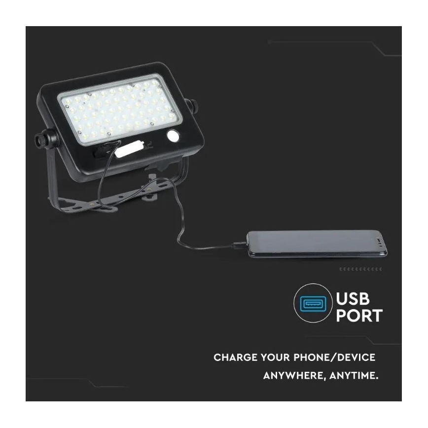 Ściemnialny solarny reflektor LED z czujnikiem LED/10W/3,7V 4000K IP65 7200 mAh + port USB