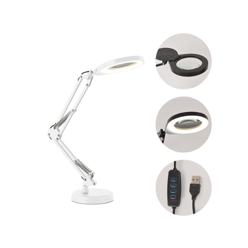Ściemniana lampka biurkowa z lupą 2 w 1 AURIQ LOUPE LED/10W/5V 3000/4000/6500K biała
