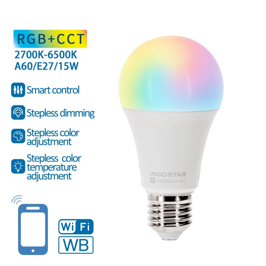 Ściemniana żarówka LED RGBW A60 E27/15W/230V 2700-6500K Wi-Fi - Aigostar