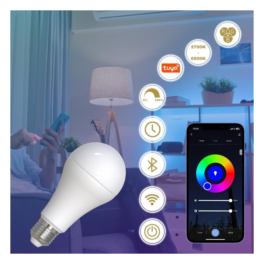 Ściemniana żarówka LED RGBW A60 E27/15W/230V 2700-6500K Wi-Fi Tuya
