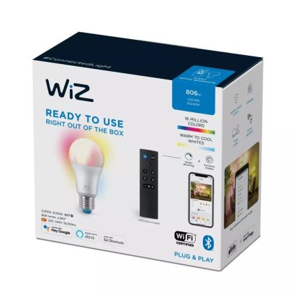 Ściemniana żarówka LED RGBW A60 E27/8,5W/230V 2200-6500K  CRI 90 Wi-Fi + pilot zdalnego sterowania - WiZ