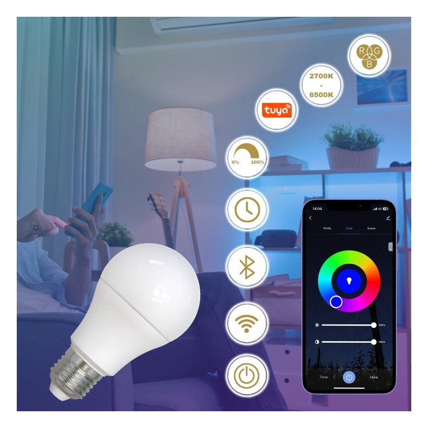 Ściemniana żarówka LED RGBW A60 E27/9W/230V 2700-6500K Wi-Fi Tuya