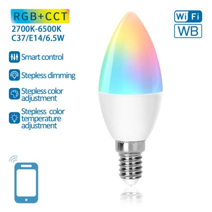 Ściemniana żarówka LED RGBW C37 E14/6,5W/230V 2700-6500K Wi-Fi - Aigostar