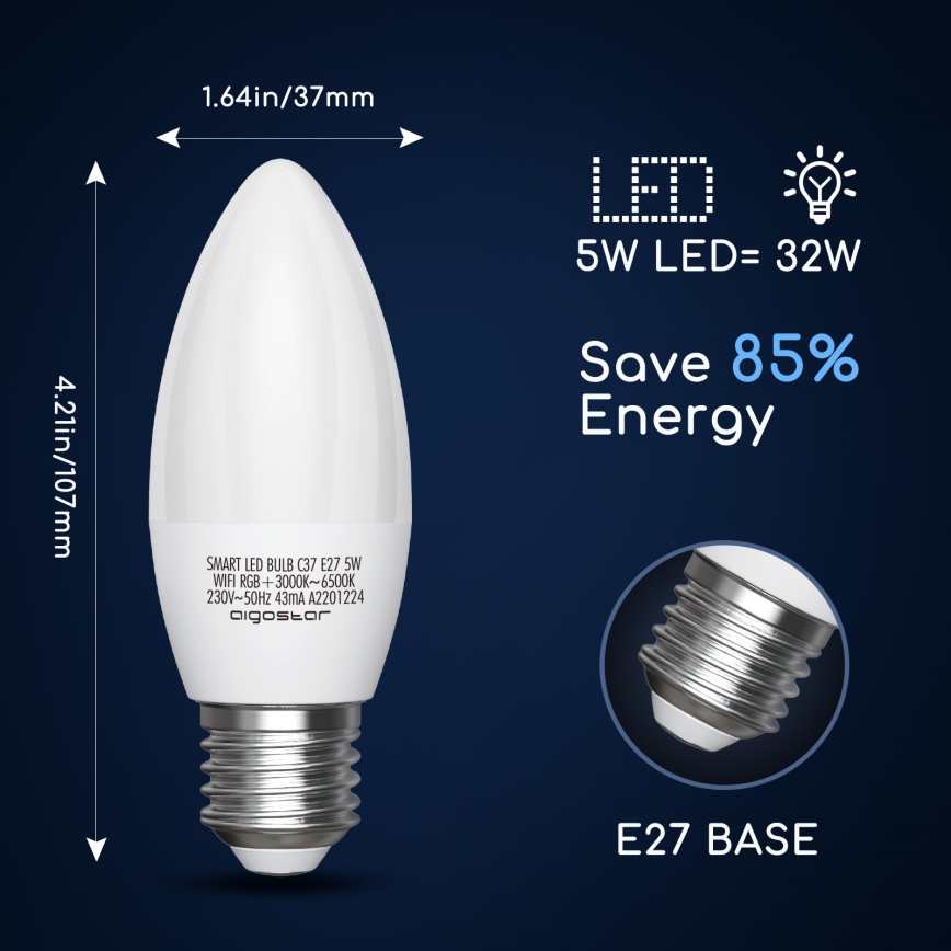 Ściemniana żarówka LED RGBW C37 E27/5W/230V 3000-6500K Wi-Fi - Aigostar