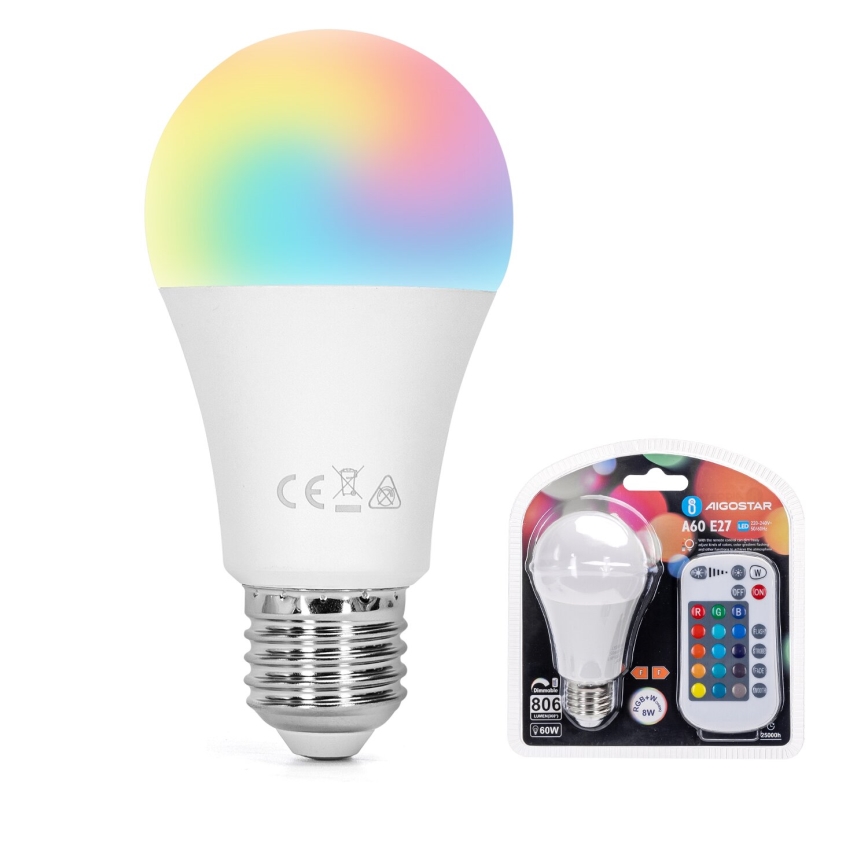 Ściemniana żarówka LED RGBW E27/8W/230V 3000K + Pilot zdalnego sterowania - Aigostar