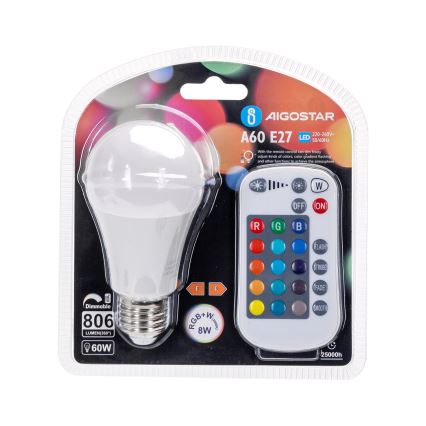Ściemniana żarówka LED RGBW E27/8W/230V 3000K + Pilot zdalnego sterowania - Aigostar