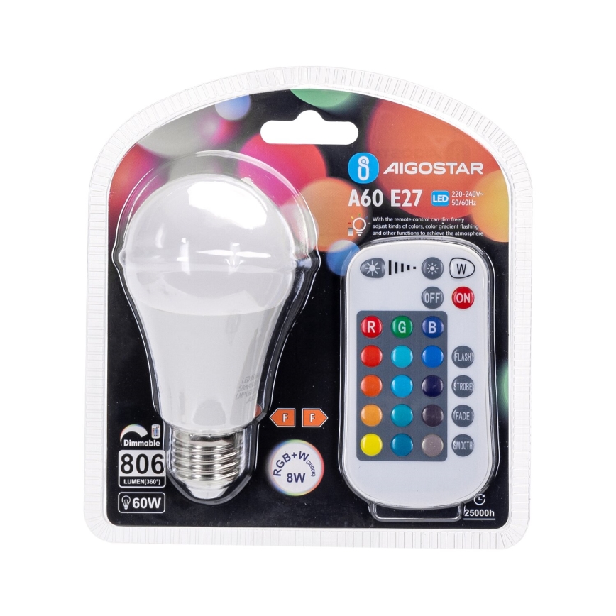Ściemniana żarówka LED RGBW E27/8W/230V 3000K + Pilot zdalnego sterowania - Aigostar
