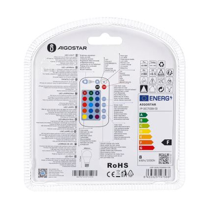 Ściemniana żarówka LED RGBW E27/8W/230V 3000K + Pilot zdalnego sterowania - Aigostar