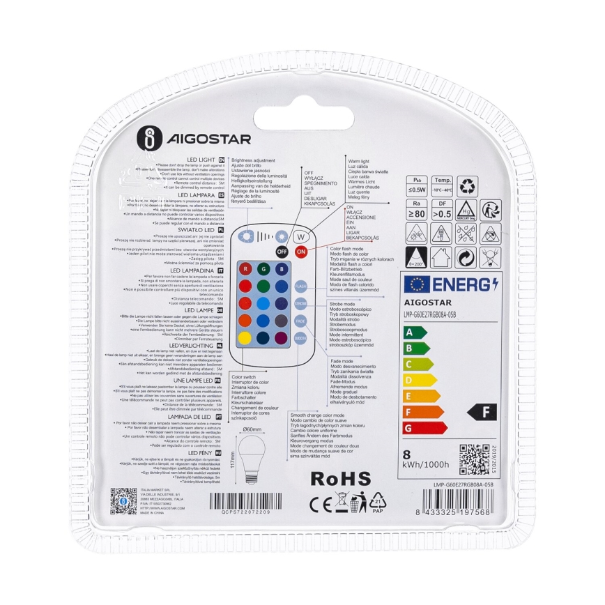 Ściemniana żarówka LED RGBW E27/8W/230V 3000K + Pilot zdalnego sterowania - Aigostar