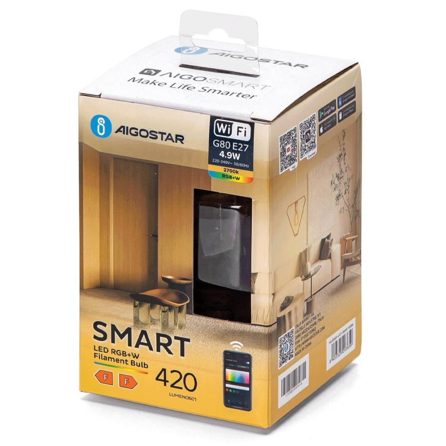 Ściemniana żarówka LED RGBW FILAMENT G80 E27/4,9W/230V 2700K Wi-Fi - Aigostar