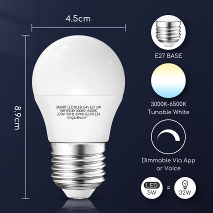 Ściemniana żarówka LED RGBW G45 E27/5W/230V 3000-6500K Wi-Fi - Aigostar