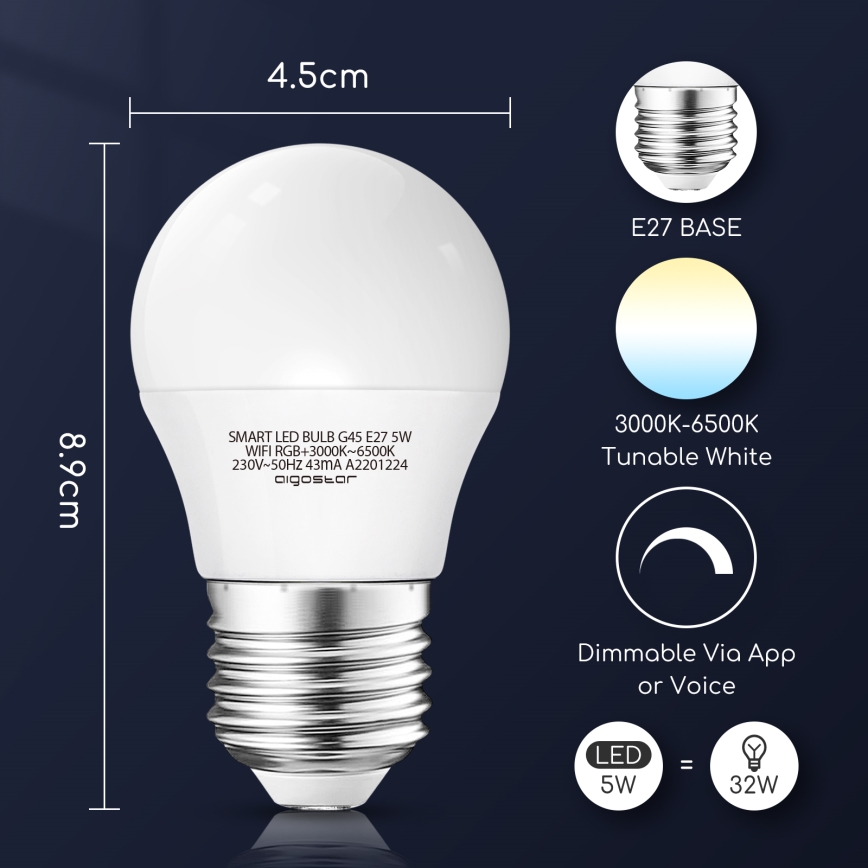 Ściemniana żarówka LED RGBW G45 E27/5W/230V 3000-6500K Wi-Fi - Aigostar