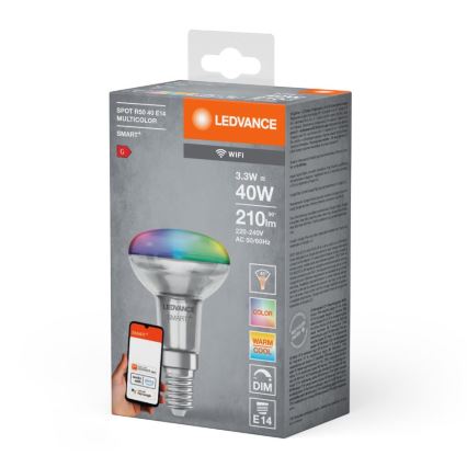 LED RGBW Ściemnialna reflektorowa żarówka SMART+ R50 E14/3,3W/230V 2700-6500K Wi-Fi - Ledvance