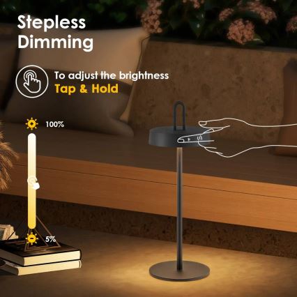 LED ściemnialna zewnętrzna ładowalna dotykowa lampa stołowa SHINE LED/1,5W/3,7V 3000 mAh IP44 czarna