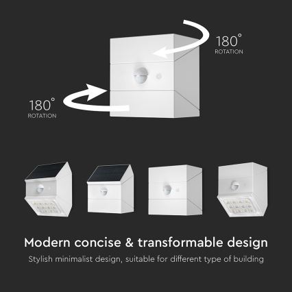 Solarny kinkiet LED z czujnikiem LED/2,5W/3,7V 3000/4000/6000K IP65 1200 mAh biały