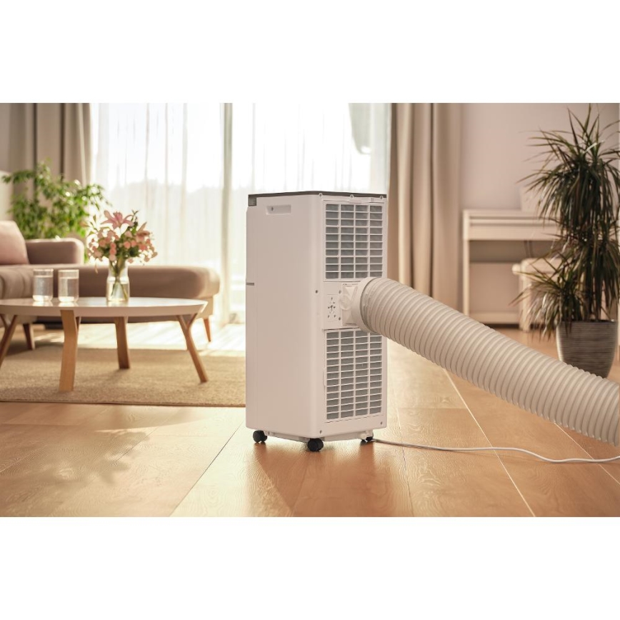 Sencor - Inteligentna przenośna klimatyzacja 3 w 1 wraz z kompletnym zestawem akcesoriów 760W/230V 7000 BTU Wi-Fi biała + pilot zdalnego sterowania