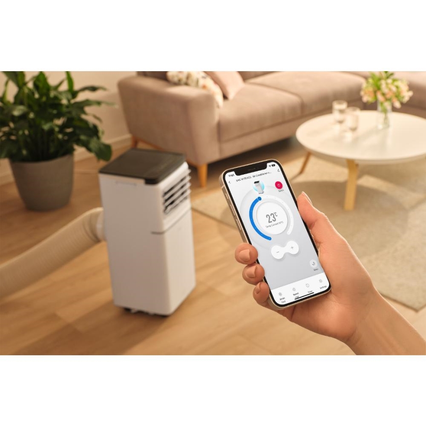 Sencor - Inteligentna przenośna klimatyzacja 3 w 1 wraz z kompletnym zestawem akcesoriów 760W/230V 7000 BTU Wi-Fi biała + pilot zdalnego sterowania