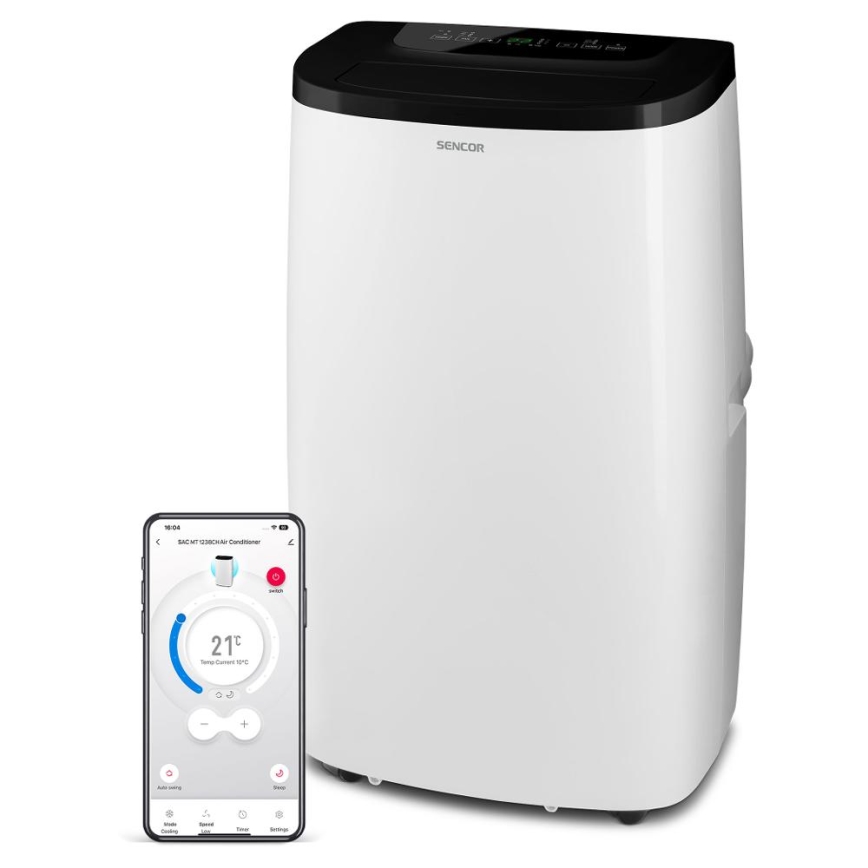 Sencor - Inteligentna przenośna klimatyzacja 4 w 1 z kompletnym wyposażeniem, 1700 W / 230 V, 12 000 BTU, Wi‑Fi, biała + pilot zdalnego sterowania