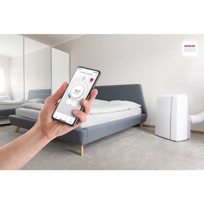 Sencor - Inteligentny mobilny klimatyzator 3w1 z kompletnym wyposażeniem 1450W/230V 12000 BTU Wi-Fi biały + zdalne sterowanie