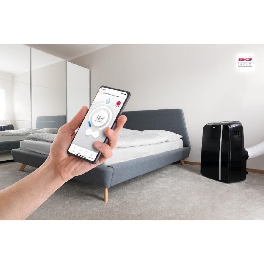 Sencor - Inteligentny mobilny klimatyzator 3w1 z kompletnym wyposażeniem 1450W/230V 12000 BTU Wi-Fi czarny + zdalne sterowanie