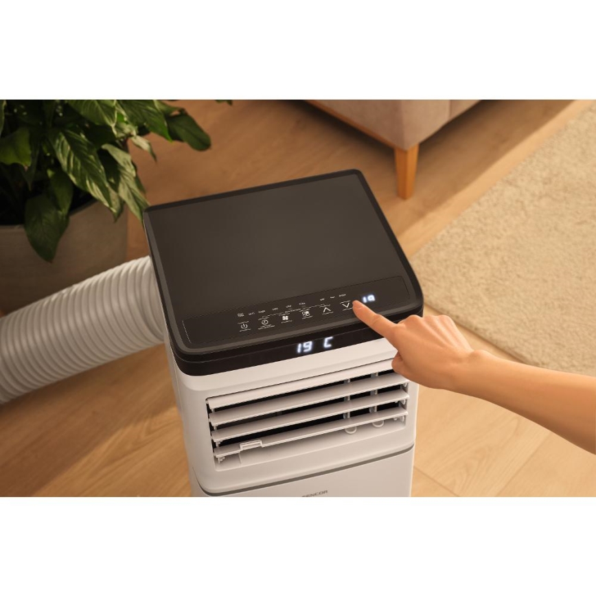 Sencor - Inteligentna przenośna klimatyzacja 3 w 1 wraz z kompletnym zestawem akcesoriów 1020W/230V 10000 BTU Wi-Fi biała + pilot zdalnego sterowania