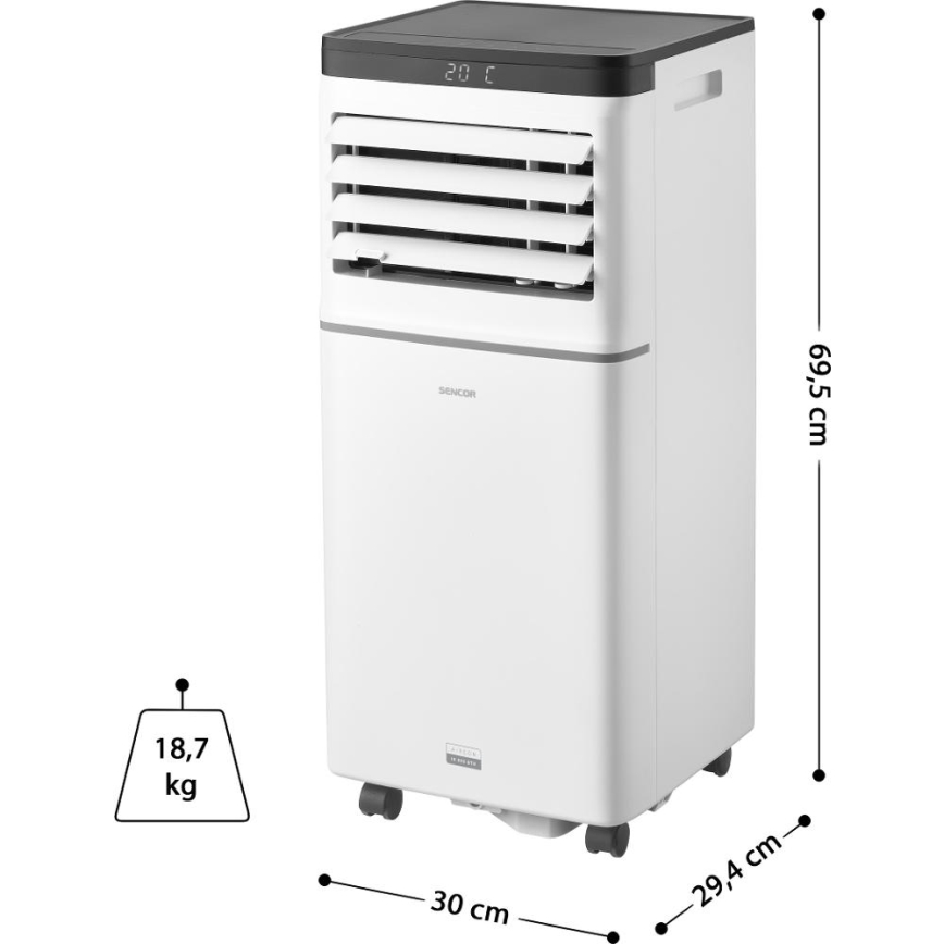 Sencor - Inteligentna przenośna klimatyzacja 3 w 1 wraz z kompletnym zestawem akcesoriów 1020W/230V 10000 BTU Wi-Fi biała + pilot zdalnego sterowania