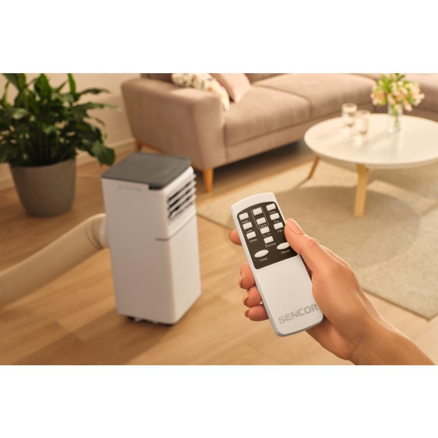 Sencor - Inteligentny przenośny klimatyzator 3 w 1 wraz z kompletnym wyposażeniem 815W/230V 8000 BTU Wi-Fi biały + pilot zdalnego sterowania