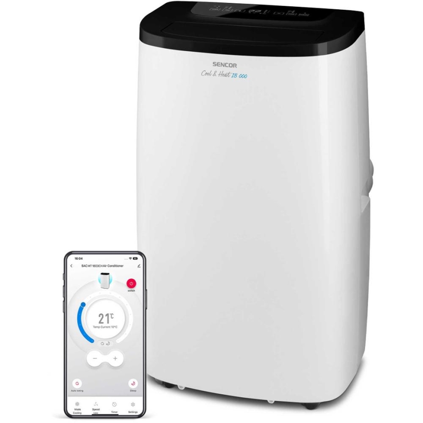 Sencor - Inteligentny przenośny klimatyzator 4 w 1 z pełnym zestawem akcesoriów 1750W/230V 18000 BTU Wi-Fi biały + pilot zdalnego sterowania