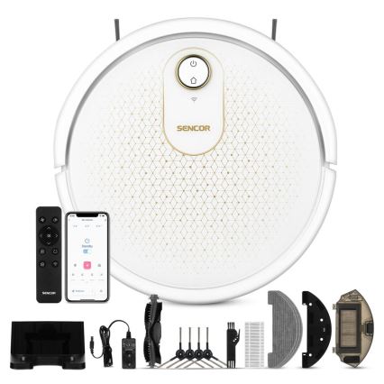 Sencor - Inteligentny robot sprzątający z funkcją mopowania 2w1 28W/2600 mAh Wi-Fi biały + pilot zdalnego sterowania